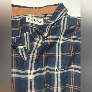 Barbour Men's Navy and Tan Plaid Shirt